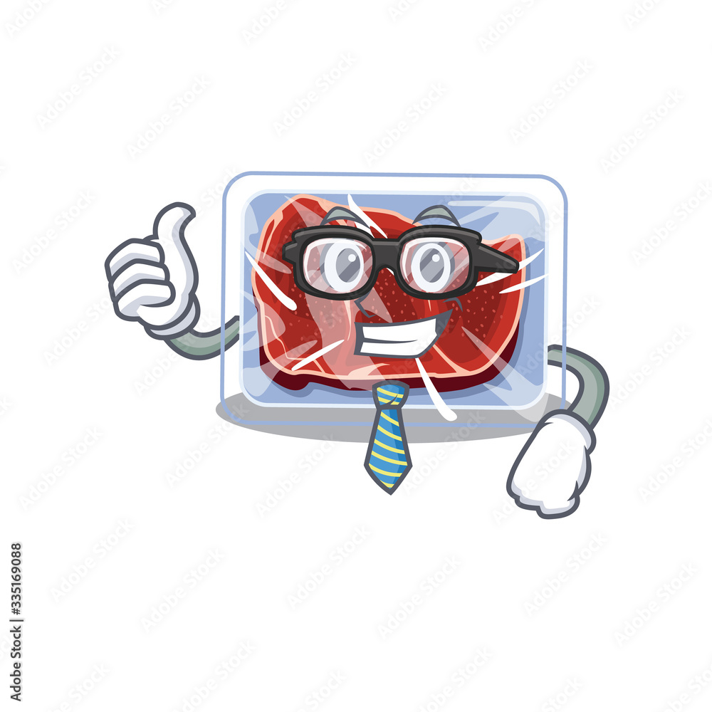 Sticker An elegant frozen beef Businessman mascot design wearing glasses and tie