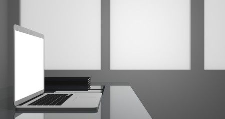 Workspace at home with a minimalist modern setup. Work from home to protect the covid-19 virus. Background 3d rendering