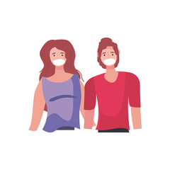 Woman and man with mask flat style icon vector design