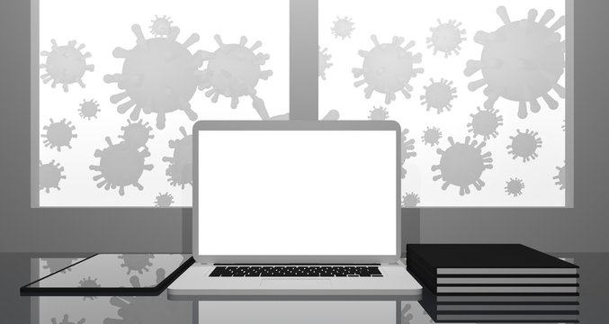 Workspace at home with a minimalist modern setup. Work from home to protect the covid-19 virus. Background 3d rendering