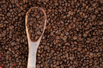Coffee beans in a wooden spoon on coffee beans background.Roasted coffee beans close-up.copy space