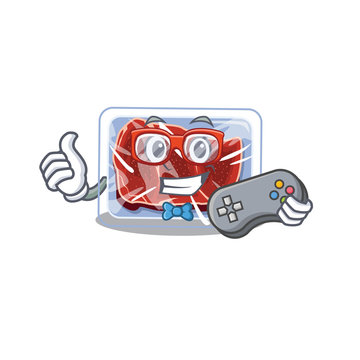 Mascot design concept of frozen beef gamer using controller