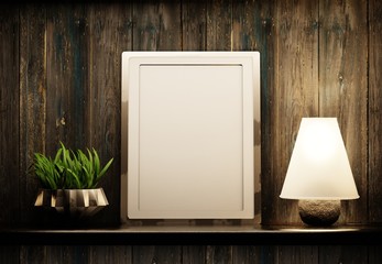 Frame for photos and inscriptions. Empty banner template on the shelf with lamp and home plant. Interior of the country house. 3D rendering.