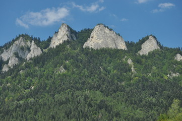 Fototapeta premium Bald mountain tops, Three Crowns in the Pieniny National Park in Poland. View from the Dunajec riverbed during rafting with rafts.rafting with rafts.