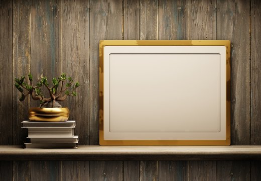 A pattern of an empty poster on a shelf next to a bonsai tree on a stack of books. Wooden background. 3D rendering.