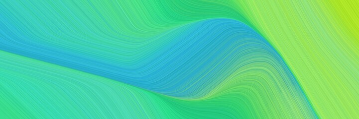 abstract dynamic curved lines decorative horizontal banner with medium turquoise, pastel green and yellow green colors