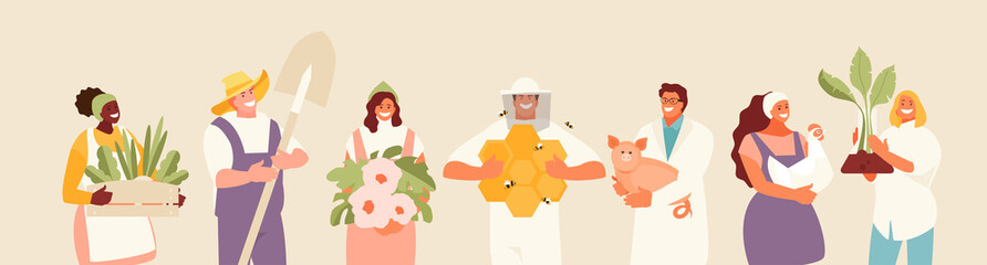 Naklejka premium People group agricultural professions. Farmer, gardener, livestock specialist, veterinarian beekeeper vector illustration