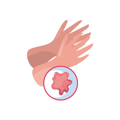 Hands with covid 19 virus flat style icon vector design