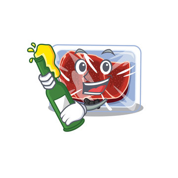 Mascot character design of frozen beef say cheers with bottle of beer