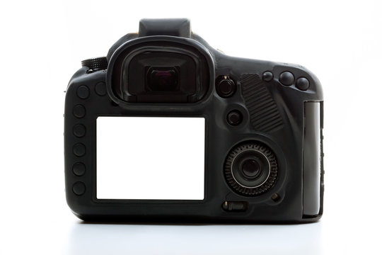 Rear view of a black digital camera on a white background.