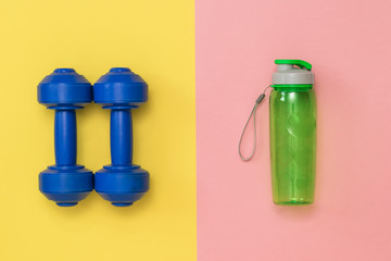 Blue dumbbells for training on a blue background.