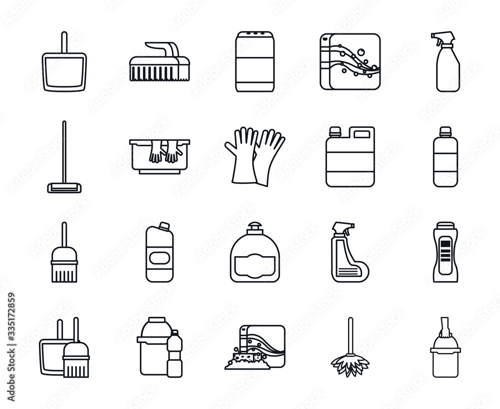 Aufkleber cleaning service line style icon set vector design