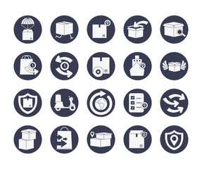 packages and delivery icon set, block style