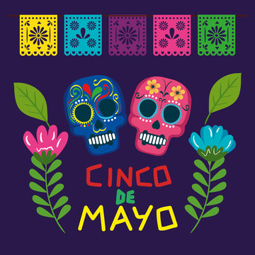 Cinco De Mayo Poster With Skulls And Flowers Decoration Vector Illustration Design