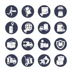 trucks and delivery icon set, block style