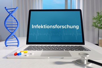 Infektionsforschung – Medizin, Gesundheit. Computer im Büro mit Begriff auf dem Bildschirm. Arzt, Krankheit, Gesundheitswesen