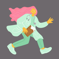 vector illustration with a girl doctor with pink hair in a hurry to provide medical care. medical character. cartoon style.