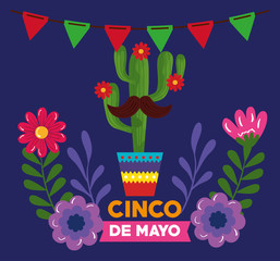 cinco de mayo poster with cactus and flowers decoration vector illustration design