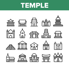 Temple Architecture Building Icons Set Vector. Religion Collection Nation Temple Building, Catholic And Christian Church, Islamic And Buddhism Linear Pictograms. Monochrome Contour Illustrations