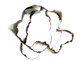 Collection of burnt holes in a piece of paper isolated on white background. Fire holes in white paper.