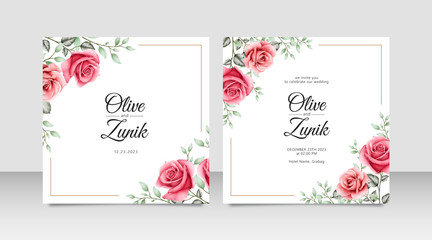 Wedding card set template with roses flowers watercolor