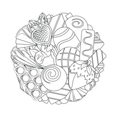 Chocolate and Strawberries Dessert Sweets Collage Adult, Children, Kids Coloring Book Page. Line Art Printable Vector Cartoon Illustration.