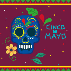 cinco de mayo poster with skull and decoration vector illustration design