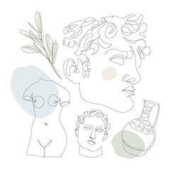 One continuous line statues, vases, leaves. International Museum Day, May 18. Vector line art. Perfect for flyer, card, poster, booklet