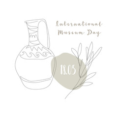 International Museum Day, May 18. One continuous line abstract amphora, ancient vase, leaves. Vector line art. Perfect for flyer, card, poster, booklet