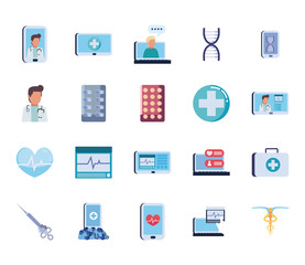 Health online and medical care flat style icon set vector design