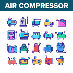 Air Compressor Device Collection Icons Set Vector. Air Compressor, Pump Electronic Equipment, Professional Tool Instrument Concept Linear Pictograms. Color Contour Illustrations