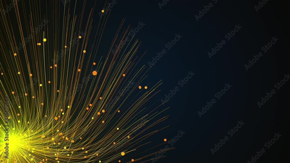 Poster computer generated flow of numerous small colored particles and thin lines from a central point. 3d 