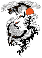 Two flying cranes with water waves and red sun. Tattoo vector illustration
