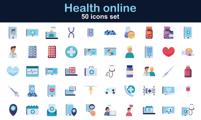 50 Health online and medical care flat style icon set vector design