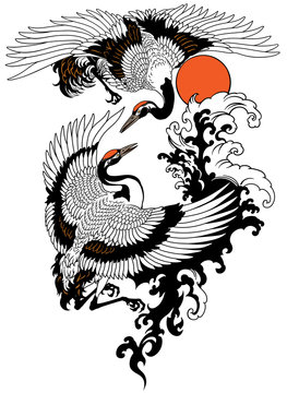 Two flying cranes with water waves and red sun. Tattoo vector illustration
