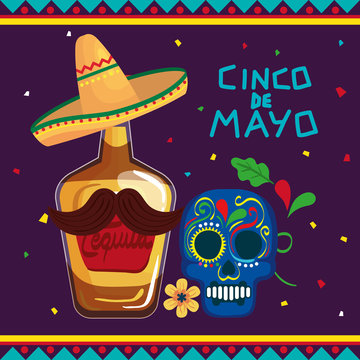 Cinco De Mayo Poster With Bottle Tequila And Skull Decorated Vector Illustration Design