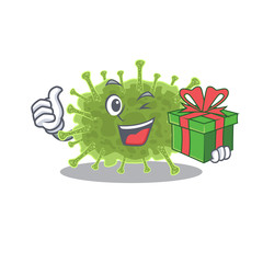 Smiling haploviricotina cartoon character having a green gift box