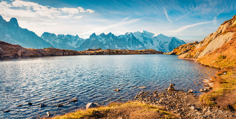 High altitude lake - Cheserys. Panoramic autumn view of Mount Blanc peak, Chamonix location....