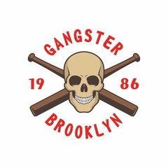 Color illustration of a skull, crossed baseball bats and text on a white background. Vector illustration on the theme of crime. Brooklyn Gangsters.