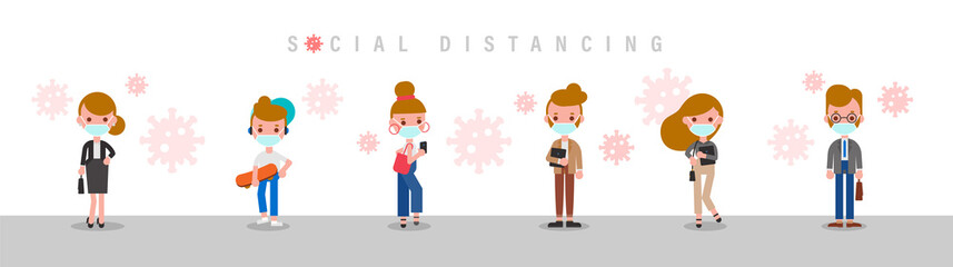 Social Distancing, People keeping distance avoid close contact with others, wearing a surgical protective Medical mask for prevent Covid-19 virus. vector illustration in flat design style cartoon.
