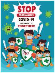Vector cartoon hero character fighting with virus. COVID-19 Novel Coronavirus illustation.