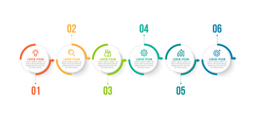 Naklejka premium Minimal Business Infographics template. Timeline with 6 steps, options and marketing icons .Vector linear infographic with six conected elements. Can be use for presentation.