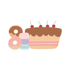 happy day, sweet cake donuts macaroons and candies