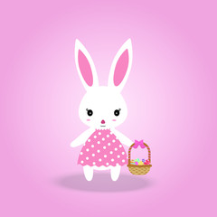 Cute white Easter bunny rabbit in pink dress holding the basket of colorful Easter egg on pink background, Vector illustration