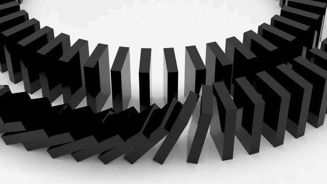 A close-up camera captures part of a large spiral of black dominoes on a white background. Bones fall towards the movement.