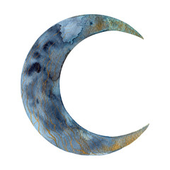 Watercolor blue with gold Crescent isolated on white background. Hand drawing.