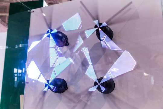 Belarus, Minsk, 25 May 2019.3D projector with rotating principle. The blades rotate at high speeds until they turn into 3D images.