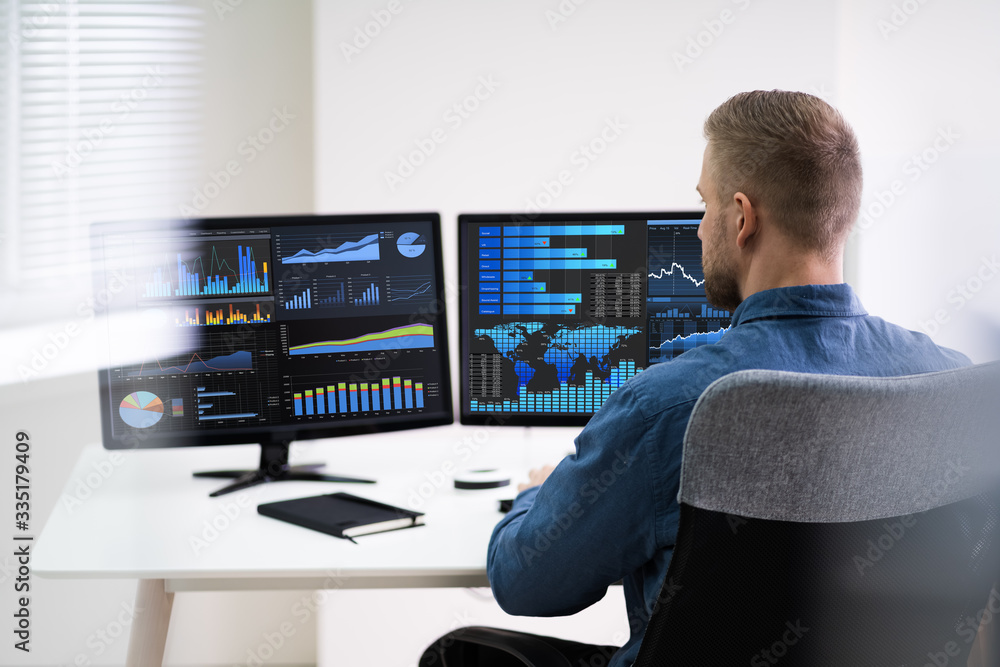 Poster Businessman Analyzing Graphs On Computer