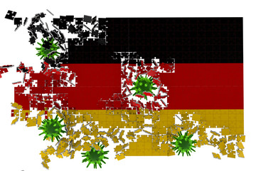 3d rendering of healthcare and medicine Concept. Corona viruses are shattering the national flag of Germany. Puzzle pieces scattered all around Close up. stay at home, stay safe. Querantine.