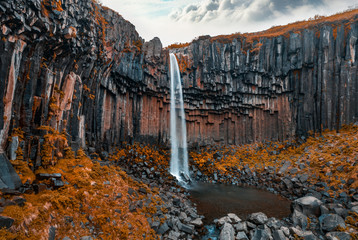 View from flying drone. Gorgeous morning view of famous Svartifoss (Black Fall) Waterfall. Dramatic autumn scene in Skaftafell, Vatnajokull National Park, Iceland, Europe.